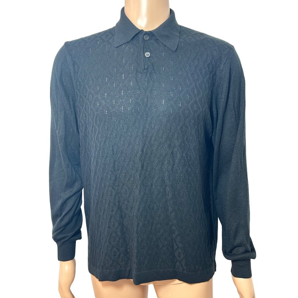 Pronto Uomo Men’s Vtg Black Sweater M Italy Collared 2- Button Geometric Solid